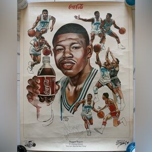 Vintage 1990 Charlotte Hornets Mugsy Bogues Poster Autographed Signed Coca Cola